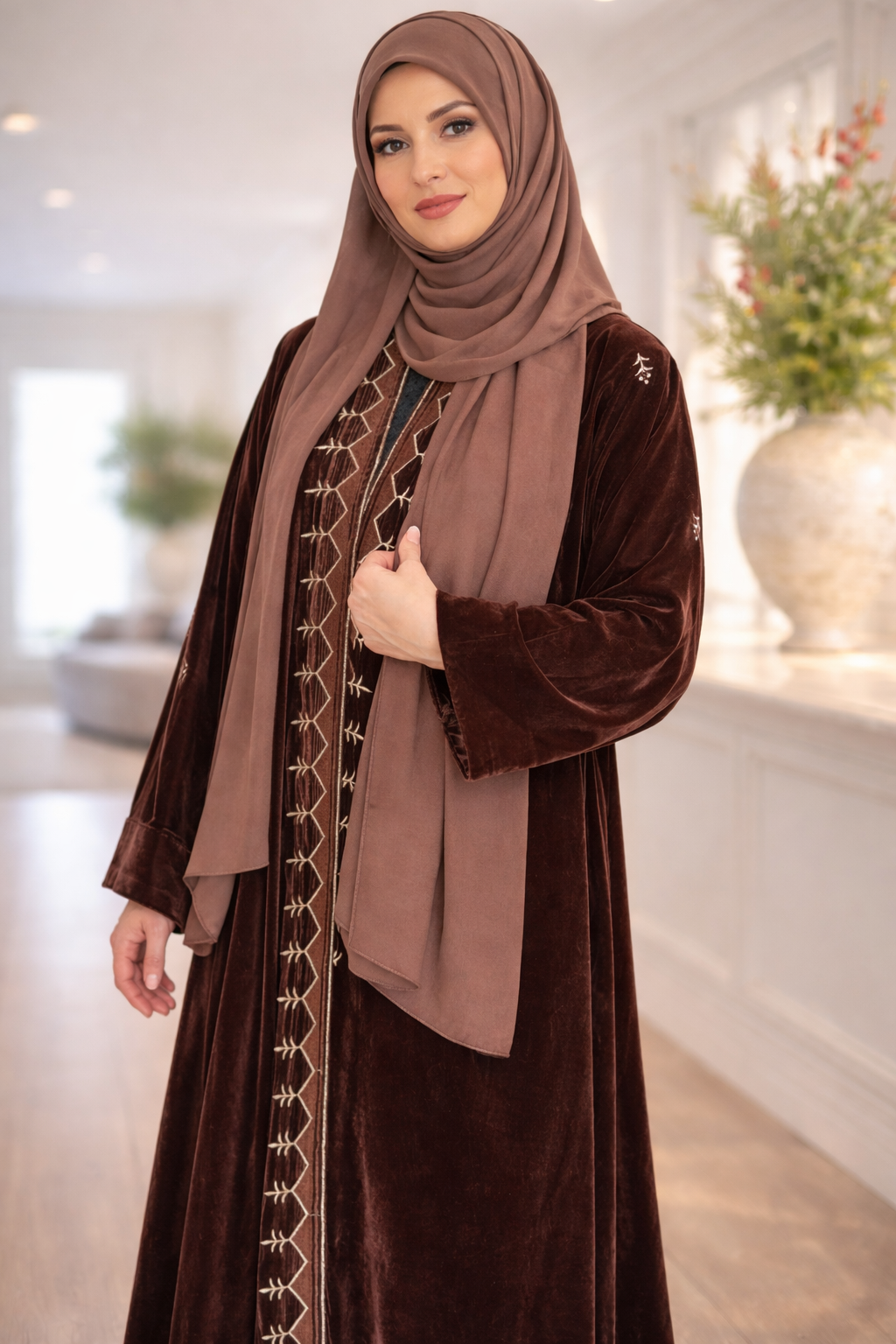 Velvet Embroidered Abaya – Mocha Brown
