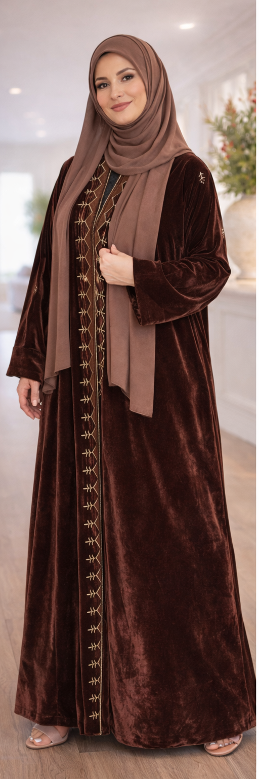 Velvet Embroidered Abaya – Mocha Brown