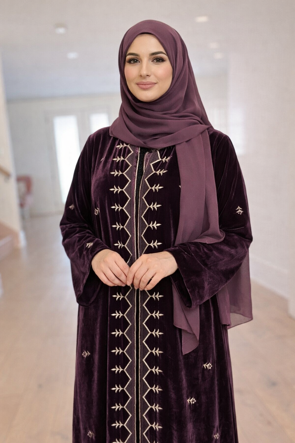Plum Heritage Embroidered Velvet Abaya