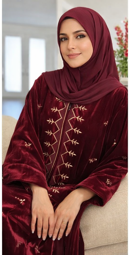 Burgundy Velvet Embroidered Abaya Set