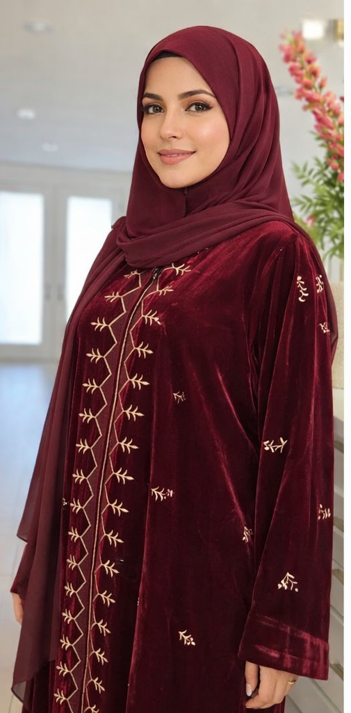 Burgundy Velvet Embroidered Abaya Set