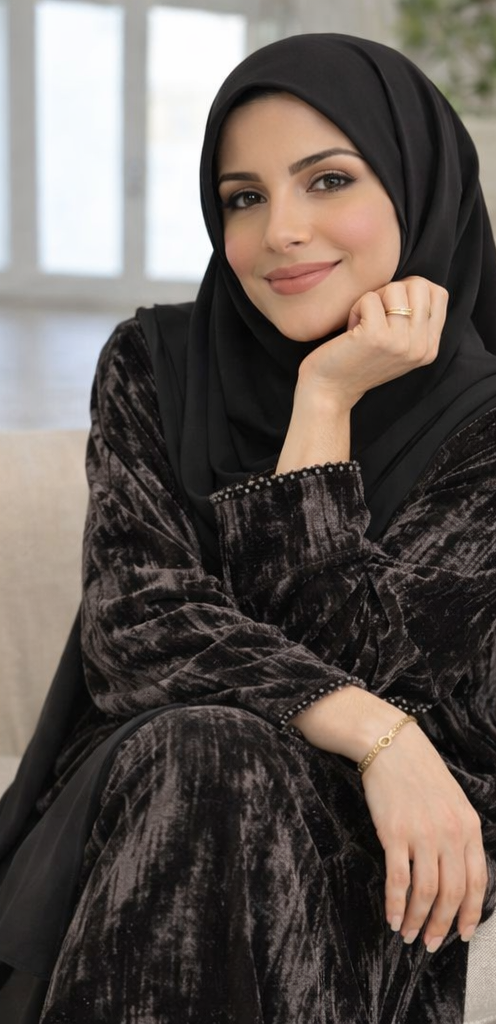 Black Textured Velvet Abaya Set