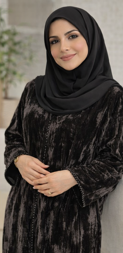 Black Textured Velvet Abaya Set