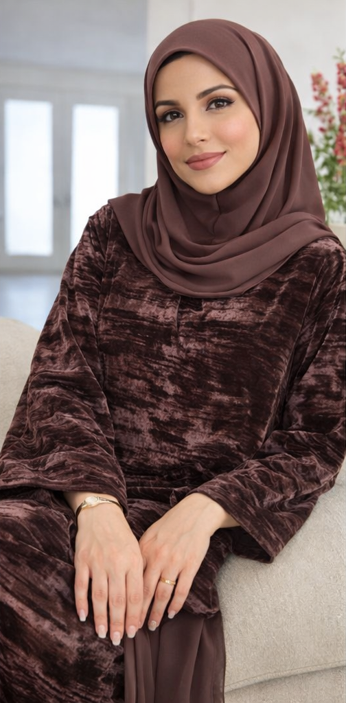Brown Textured Velvet Abaya Set